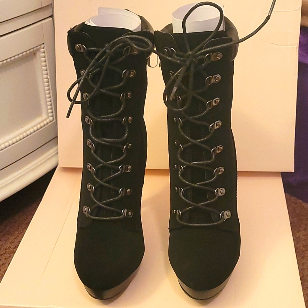 Lace up black faux suede platform booties